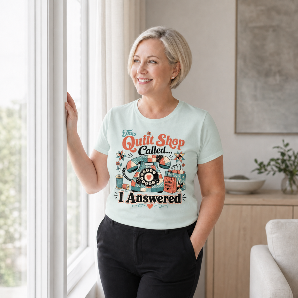 A woman with short blonde hair stands by a window wearing a light seafoam green graphic t-shirt that reads 'The Quilt Shop Called, I Answered'.
