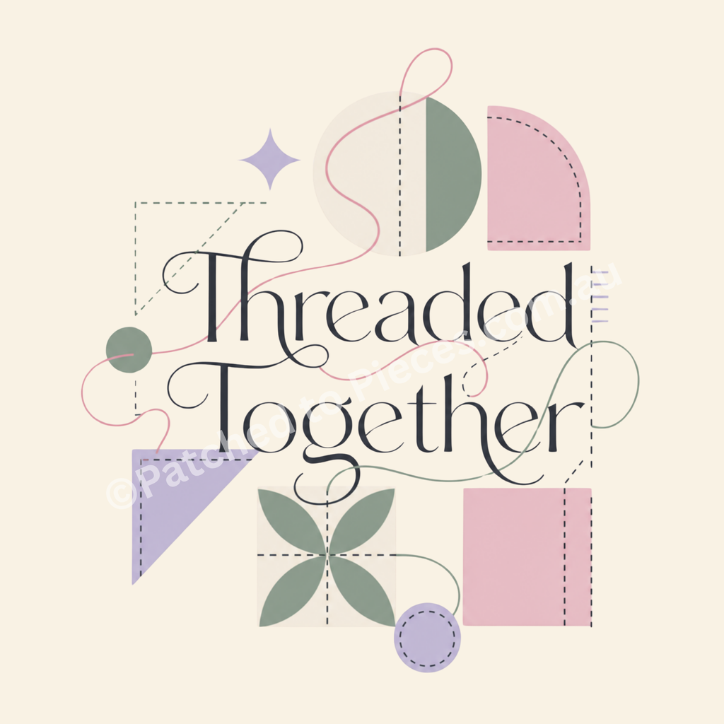 A square graphic design with the phrase 'Threaded Together' in dark gray script, surrounded by pastel geometric shapes including pink, lavender, sage green, and light gray on a warm cream background.