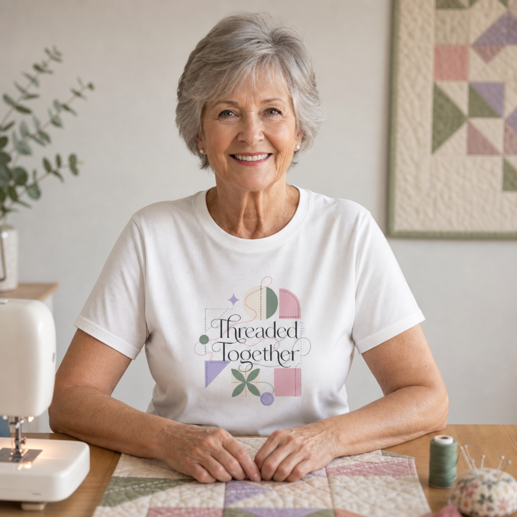 An older woman with short gray hair sits at a table wearing a white graphic T-shirt that reads 'Threaded Together' with pastel geometric shapes. A sewing machine is on the left, and a quilted fabric piece and framed wall hanging are in the background.