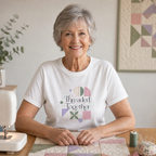 An older woman with short gray hair sits at a table wearing a white graphic T-shirt that reads 'Threaded Together' with pastel geometric shapes. A sewing machine is on the left, and a quilted fabric piece and framed wall hanging are in the background.