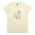 A pale yellow short-sleeve crewneck t-shirt featuring a central graphic with the words 'Threaded Together' in black script, surrounded by pastel geometric shapes in pink, purple, green, and beige.