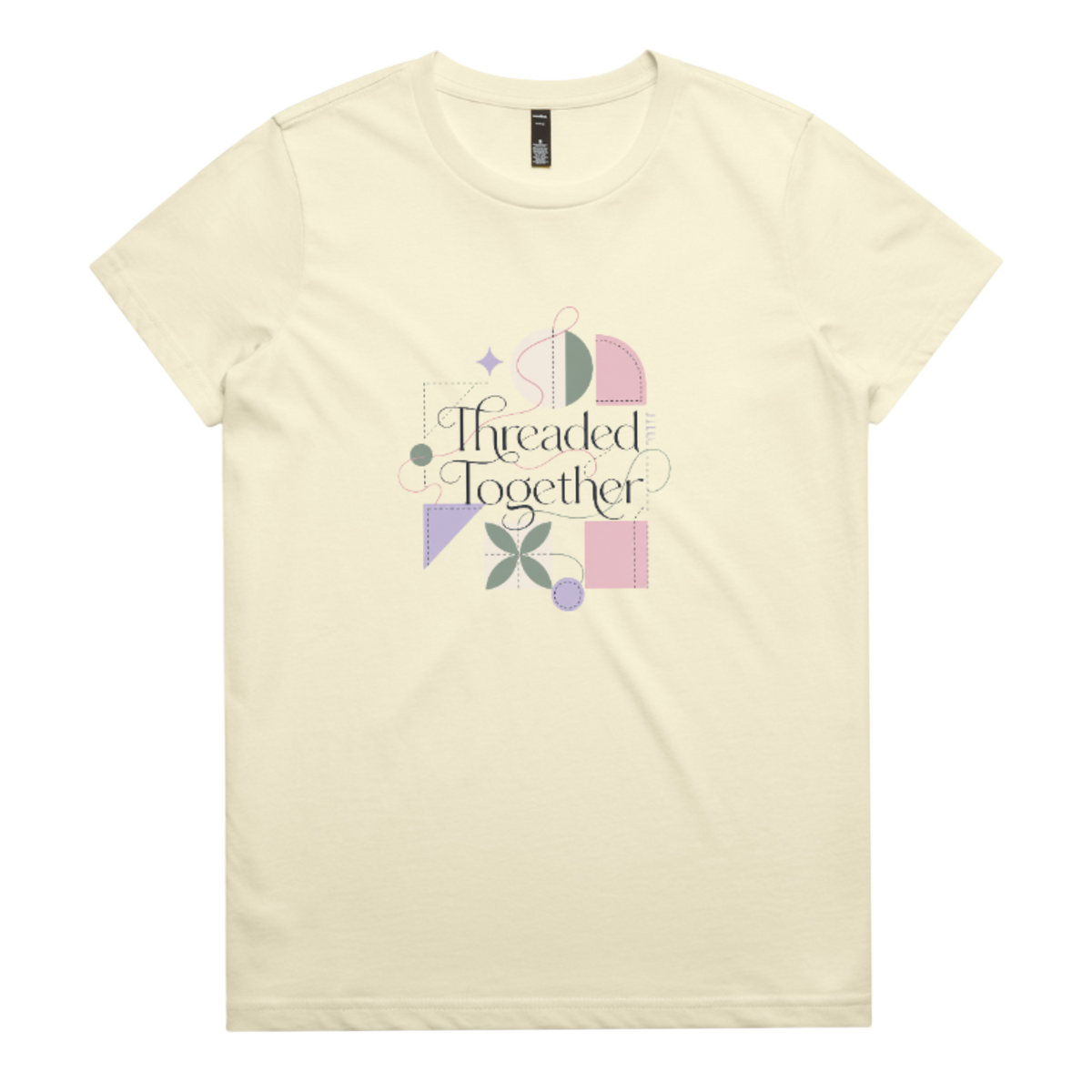 A pale yellow short-sleeve crewneck t-shirt featuring a central graphic with the words 'Threaded Together' in black script, surrounded by pastel geometric shapes in pink, purple, green, and beige.
