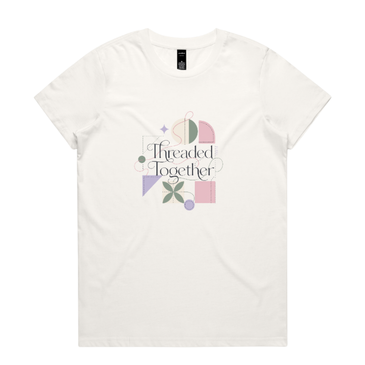 A pale cream short-sleeve crewneck t-shirt featuring a central graphic with the words 'Threaded Together' in black script, surrounded by pastel geometric shapes in pink, purple, green, and beige.