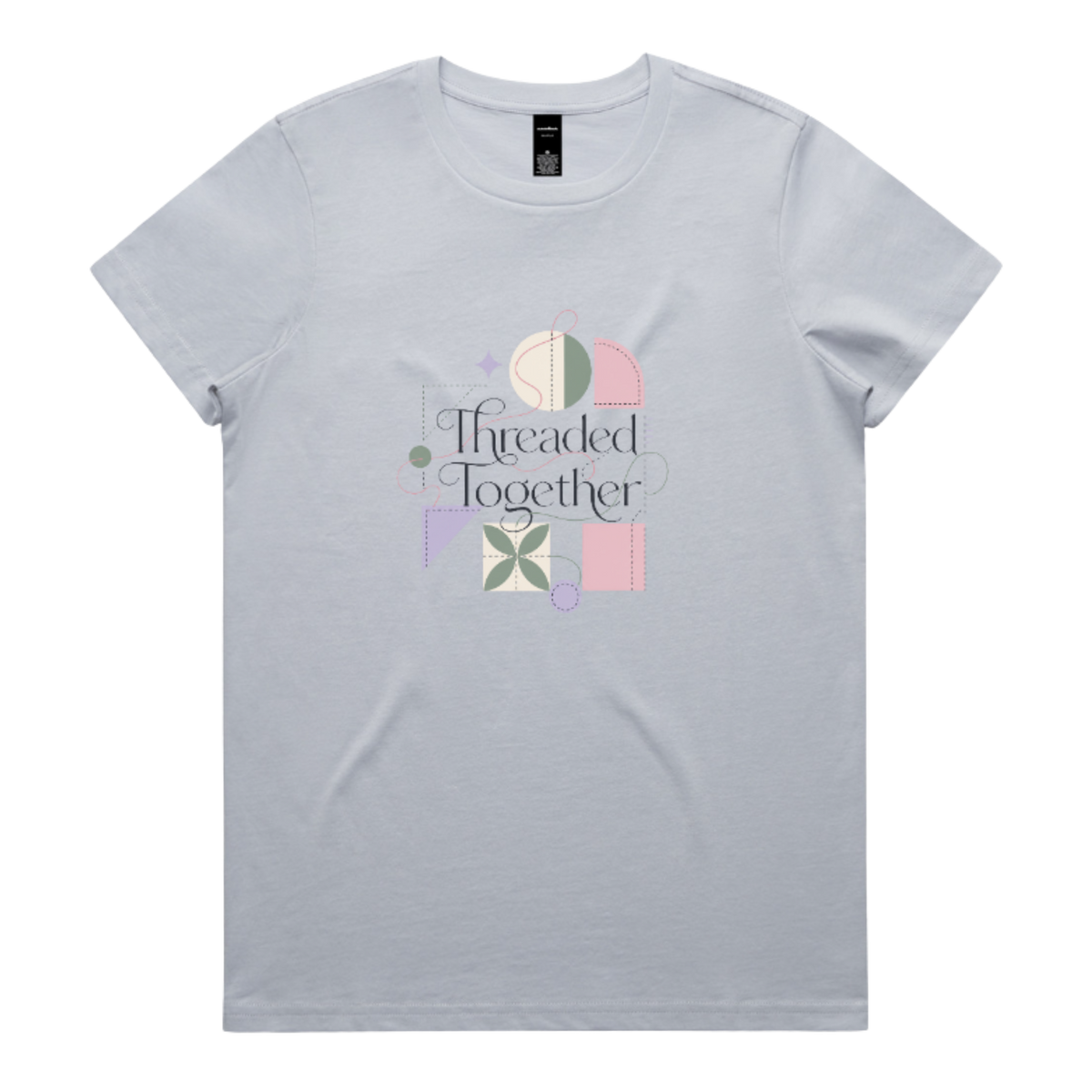 A pale powder blue short-sleeve crewneck t-shirt featuring a central graphic with the words 'Threaded Together' in black script, surrounded by pastel geometric shapes in pink, purple, green, and beige.