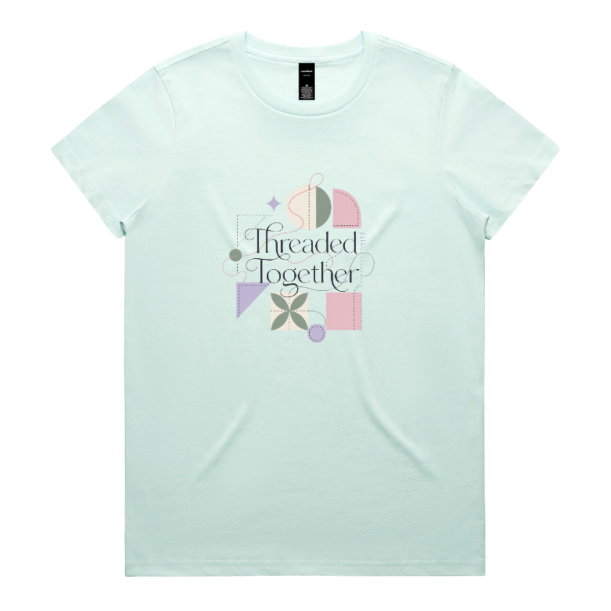 A pale mint green short-sleeve crewneck t-shirt featuring a central graphic with the words 'Threaded Together' in black script, surrounded by pastel geometric shapes in pink, purple, green, and beige.