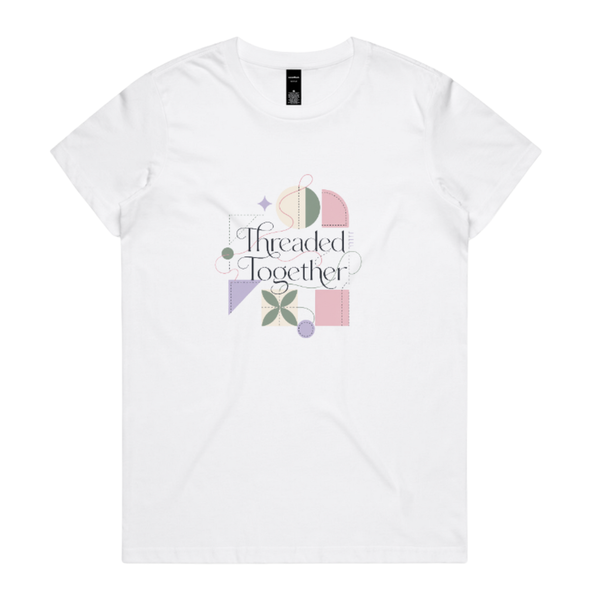 A white short-sleeve crewneck t-shirt featuring a central graphic with the words 'Threaded Together' in black script, surrounded by pastel geometric shapes in pink, purple, green, and beige.