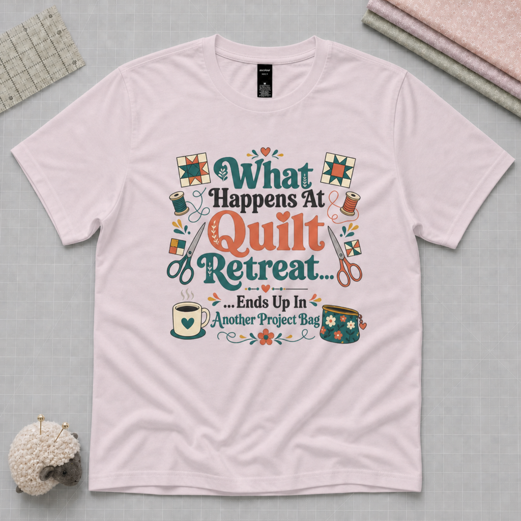 A pale mauve short-sleeve t-shirt laying flat on a pale grey cutting mat with quilting tools in the corners. The graphic on the t-shirt reads 'What Happends At Quilt Retreat...ends up in another project bag', surrounded by quilting tools.