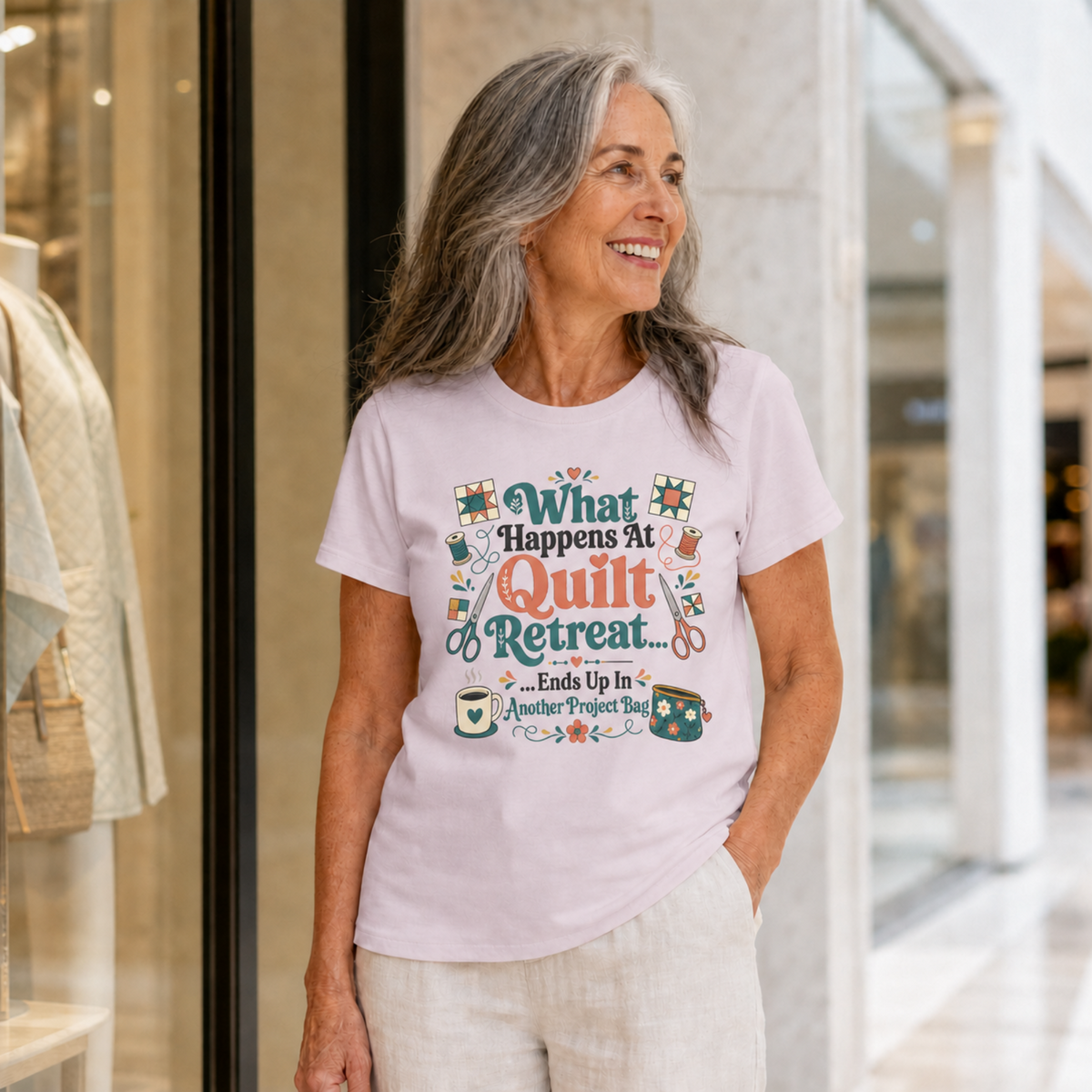 A woman with long grey hair standing outside a boutique in a shopping mall wearing a pale mauve t-shirt. The graphic on the t-shirt reads 'What Happends At Quilt Retreat...ends up in another project bag', surrounded by quilting tools.