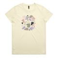A pale yellow crewneck t-shirt featuring a central graphic of abstract pastel shapes in pink, purple, beige, and brown, with the text 'Worth Keeping' written in the center.