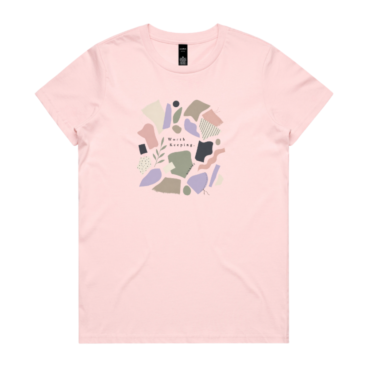 A light pink crewneck t-shirt featuring a central graphic of abstract pastel shapes in pink, purple, beige, and brown, with the text 'Worth Keeping' written in the center.
