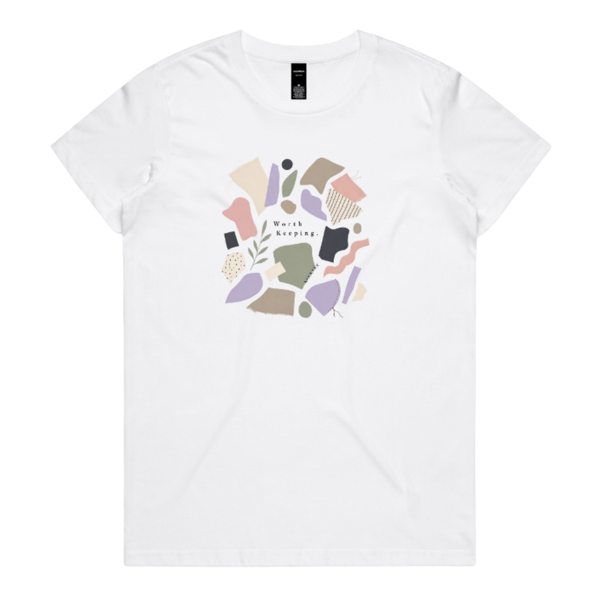 A white crewneck t-shirt featuring a central graphic of abstract pastel shapes in pink, purple, beige, and brown, with the text 'Worth Keeping' written in the center.