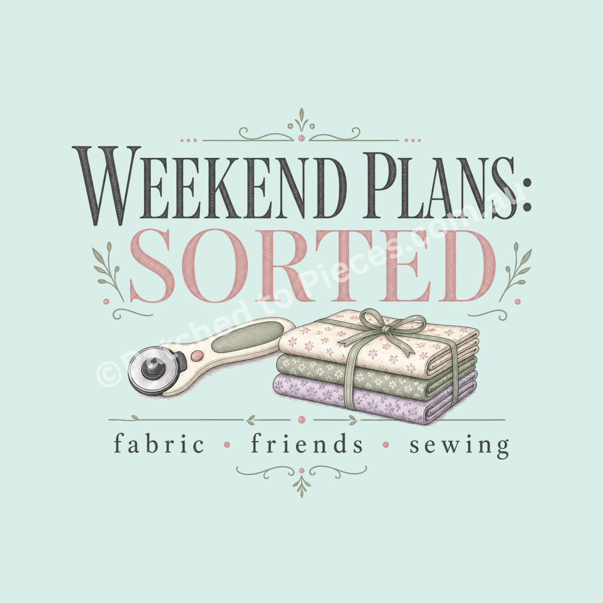 A square graphic design with the text 'WEEKEND PLANS: SORTED' in dark gray and dusty pink lettering, accompanied by an illustration of a rotary cutter and a stack of patterned quilts tied with a ribbon. Below, the words 'fabric friends sewing' appear on a pale mint green background.