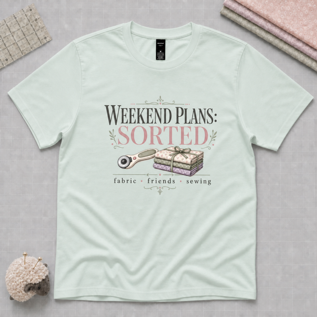 A light mint green graphic t-shirt laid flat on a gray cutting mat, with a quilting ruler, folded fabric and pincushion in the corners. The shirt features a graphic that reads 'WEEKEND PLANS: SORTED' above an illustration of a rotary cutter and tied bundle of fabric with 'fabric', 'friends', and 'sewing' underneath.