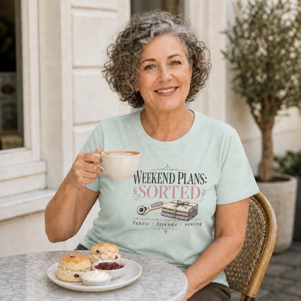 A smiling woman with curly gray hair sits at an outdoor table holding a cup of coffee, wearing a light mint green graphic T-shirt that reads 'WEEKEND PLANS: SORTED' with sewing-themed illustrations. A plate with scones and jam is in front of her.