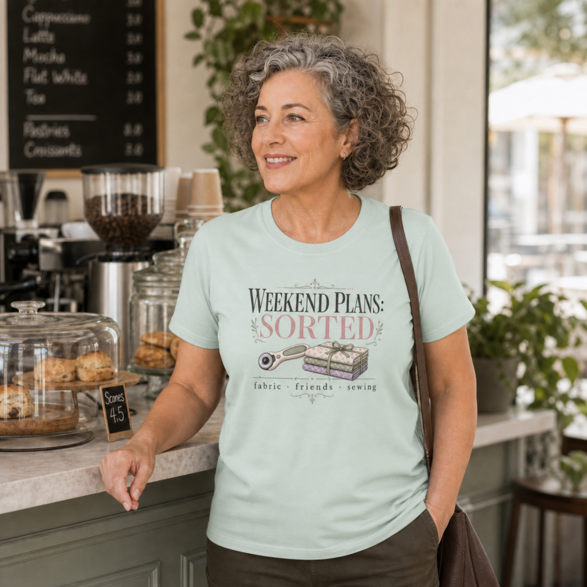 A smiling woman with curly gray hair stands in a cafe wearing a light mint green graphic t-shirt that reads 'Weekend Plans: SORTED' with sewing-themed illustrations. She has a brown shoulder bag and is leaning on a cafe counter with coffee equipment and pastries in the background.
