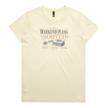 A pale butter yellow short-sleeve t-shirt with a vintage-style graphic on the chest reading 'WEEKEND PLANS: SORTED' above an illustration of a rotary cutter and tied fabric bundle, with 'fabric + friends + sewing' below.